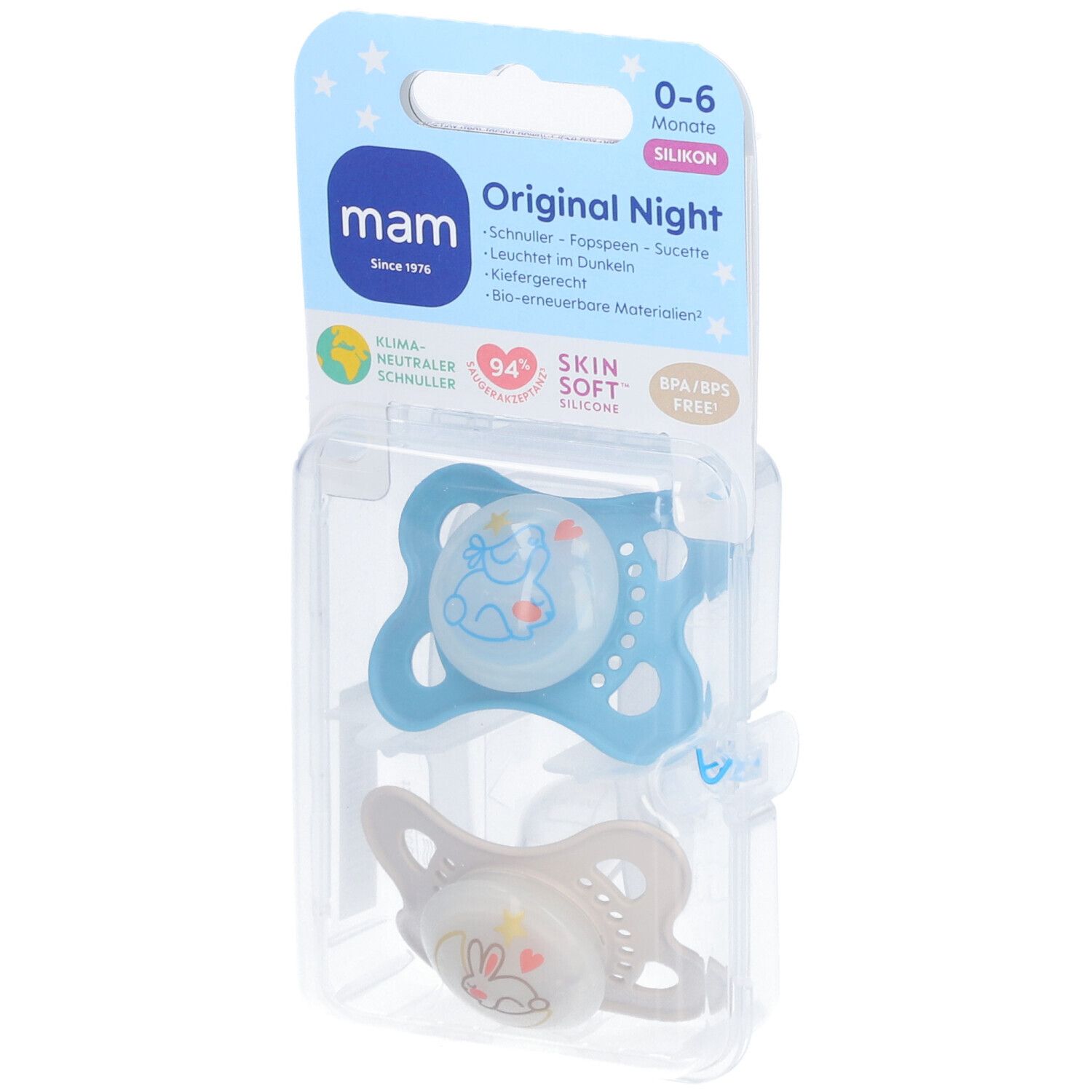 MAM Original Night Fopspeen Silicone Blue 0-6 2 St Schnuller