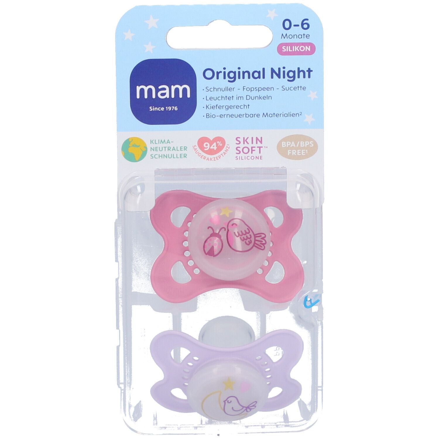 MAM Original Night Fopspeen Silicone Pink 0-6 2 St Schnuller