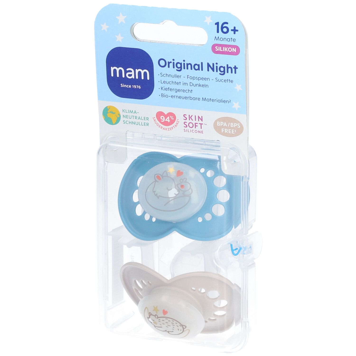 MAM Original Night Fopspeen Silicone Blue 16m+ 2 St Schnuller