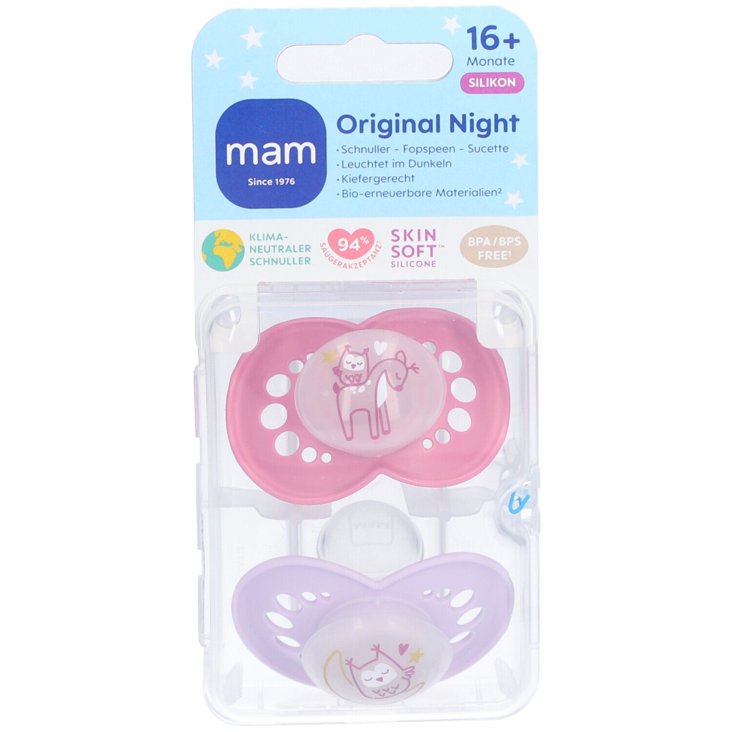 MAM Original Night Fopspeen Silicone Pink 16m+ 2 St Schnuller