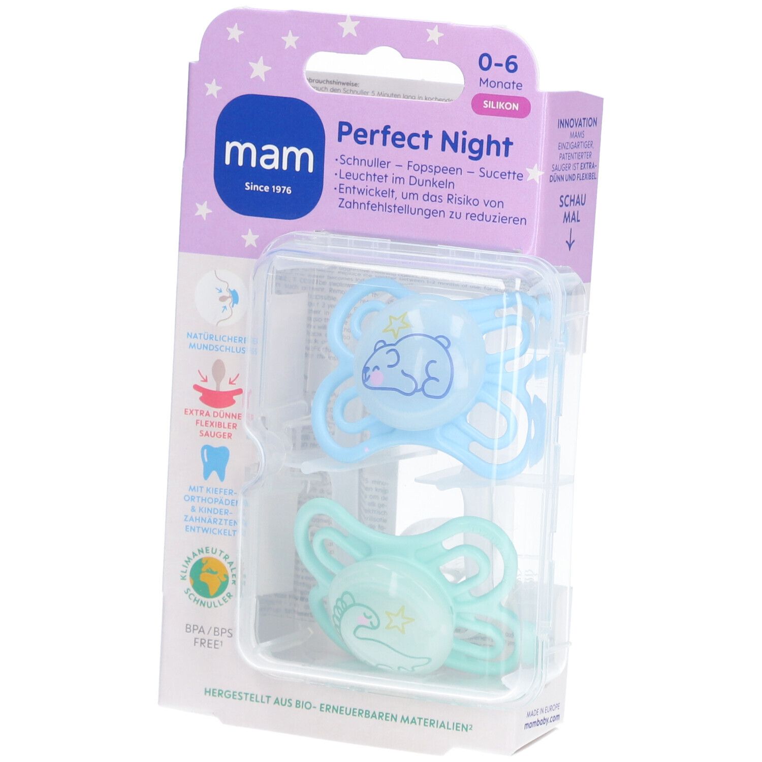 MAM Perfect Night Fopspeen Silicone Blue 0-6 2 St Schnuller