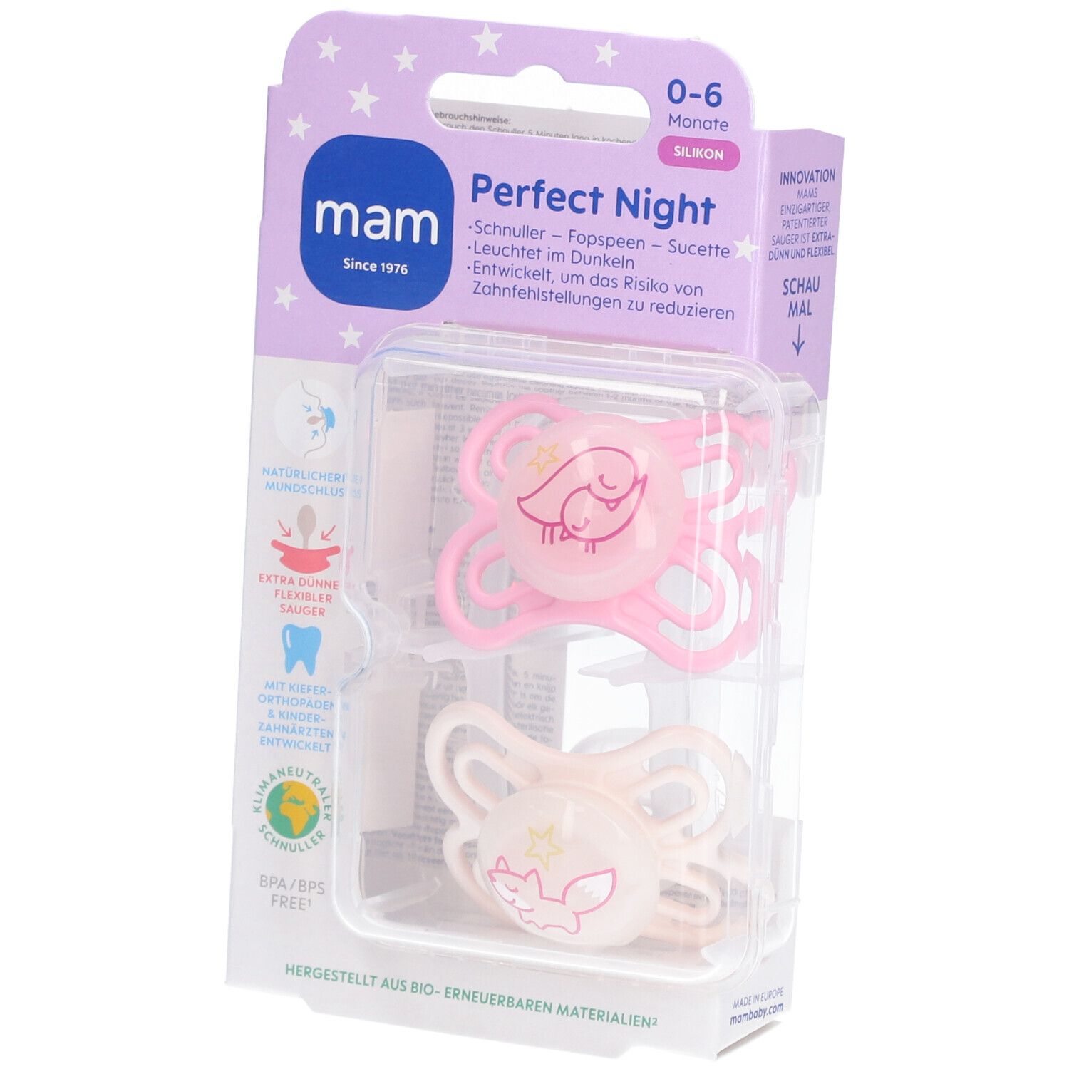 MAM Perfect Night Silikonschnuller 0-6 Monate, rosa/creme