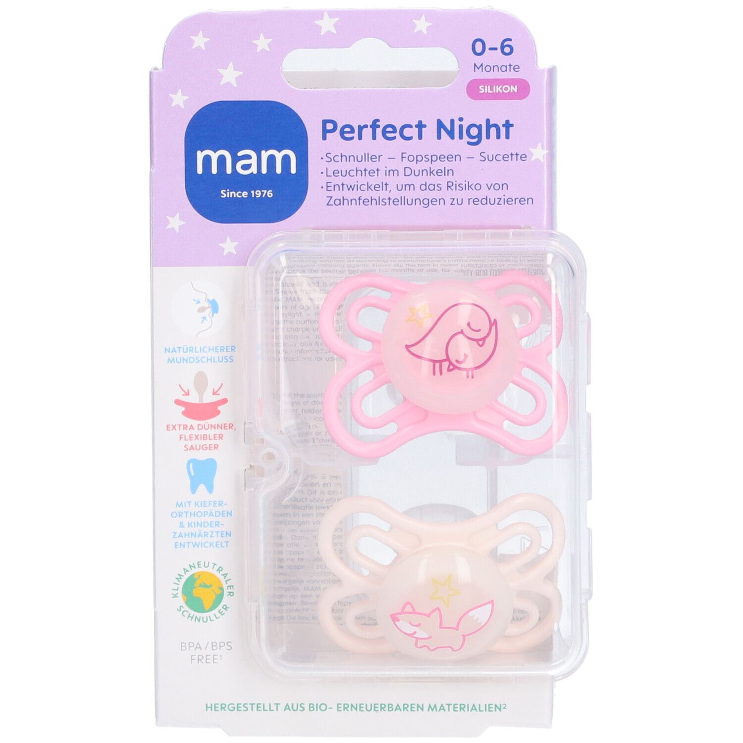 MAM Perfect Night Silikonschnuller 0-6 Monate, rosa/creme