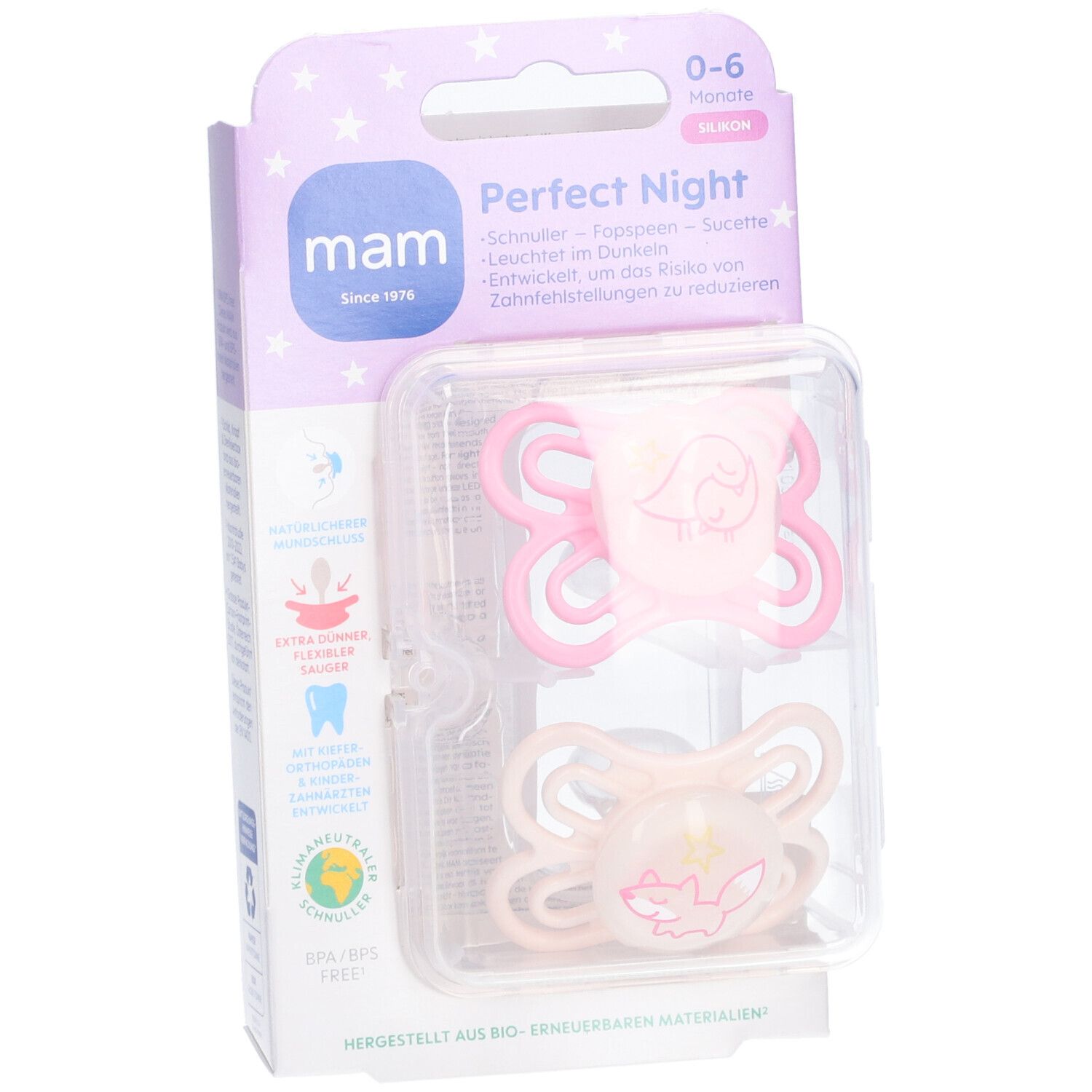 MAM Perfect Night Silikonschnuller 0-6 Monate, rosa/creme