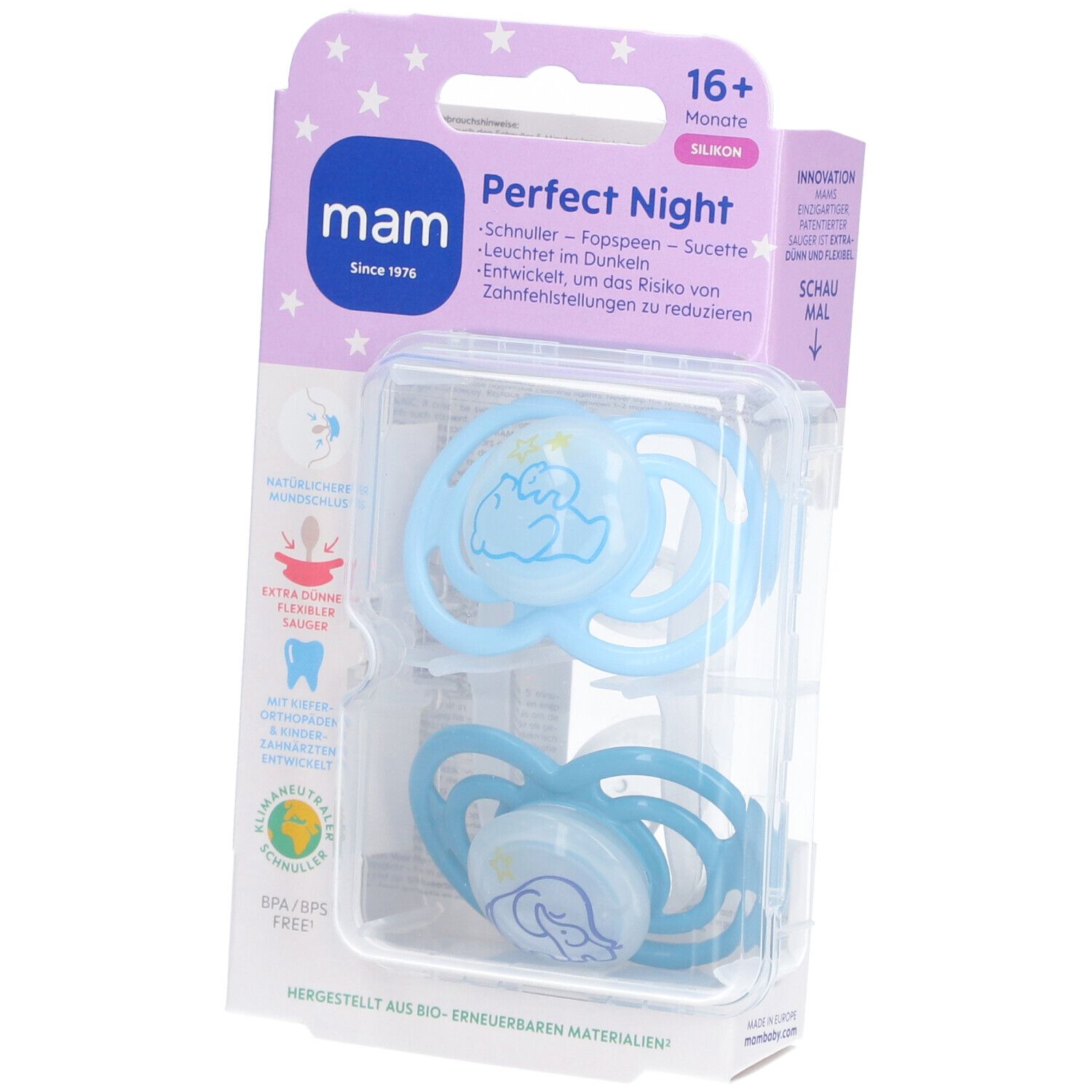 MAM Perfect Night Fopspeen Silicone Blue 16m+ 2 St Schnuller