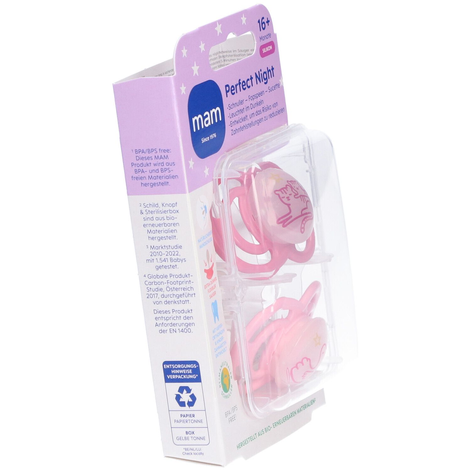 MAM Perfect Night Fopspeen Silicone Pink 16m+ 2 St Schnuller