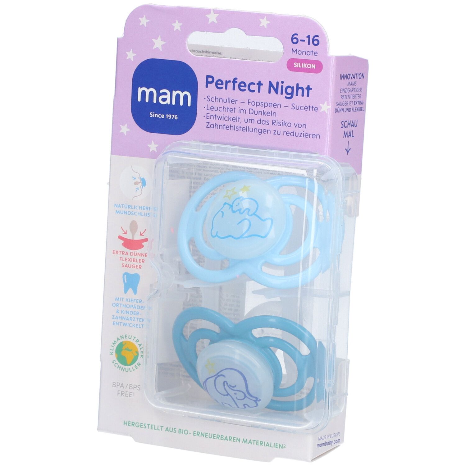 MAM Perfect Night Fopspeen Silicone Blue 6-16 2 St Schnuller