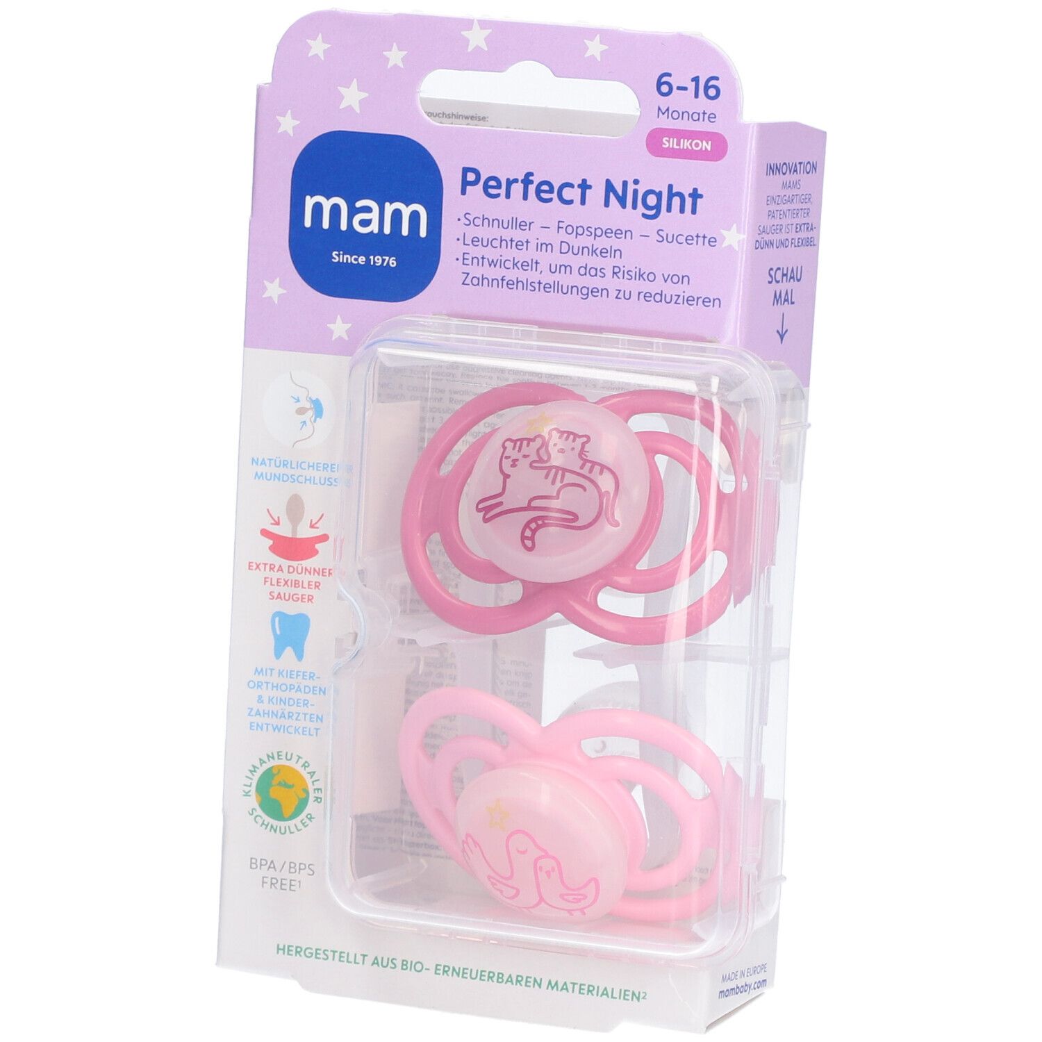 MAM Perfect Night Fopspeen Silicone Pink 6-16 2 St Schnuller