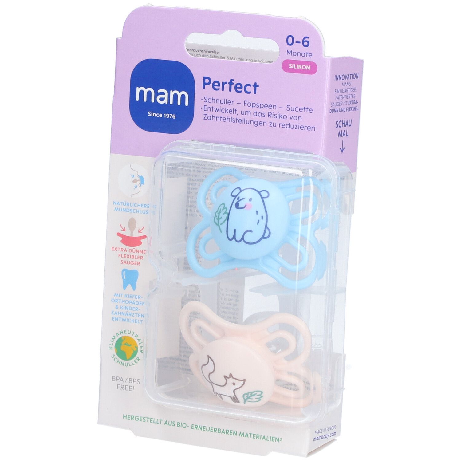 MAM Perfect Fopspeen Silicone Blue 0-6 2 St Schnuller