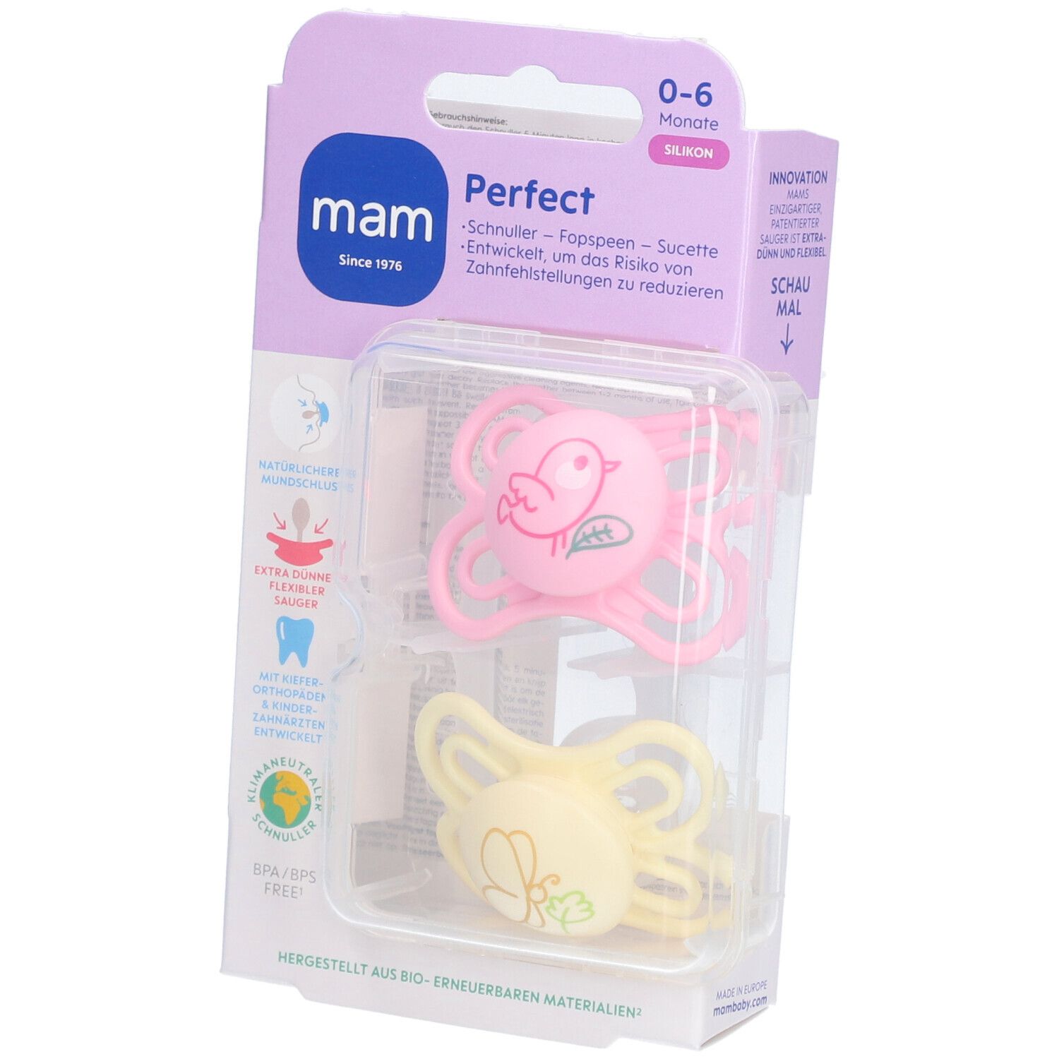 MAM Perfect Fopspeen Silicone Lilac 0-6 2 St Schnuller