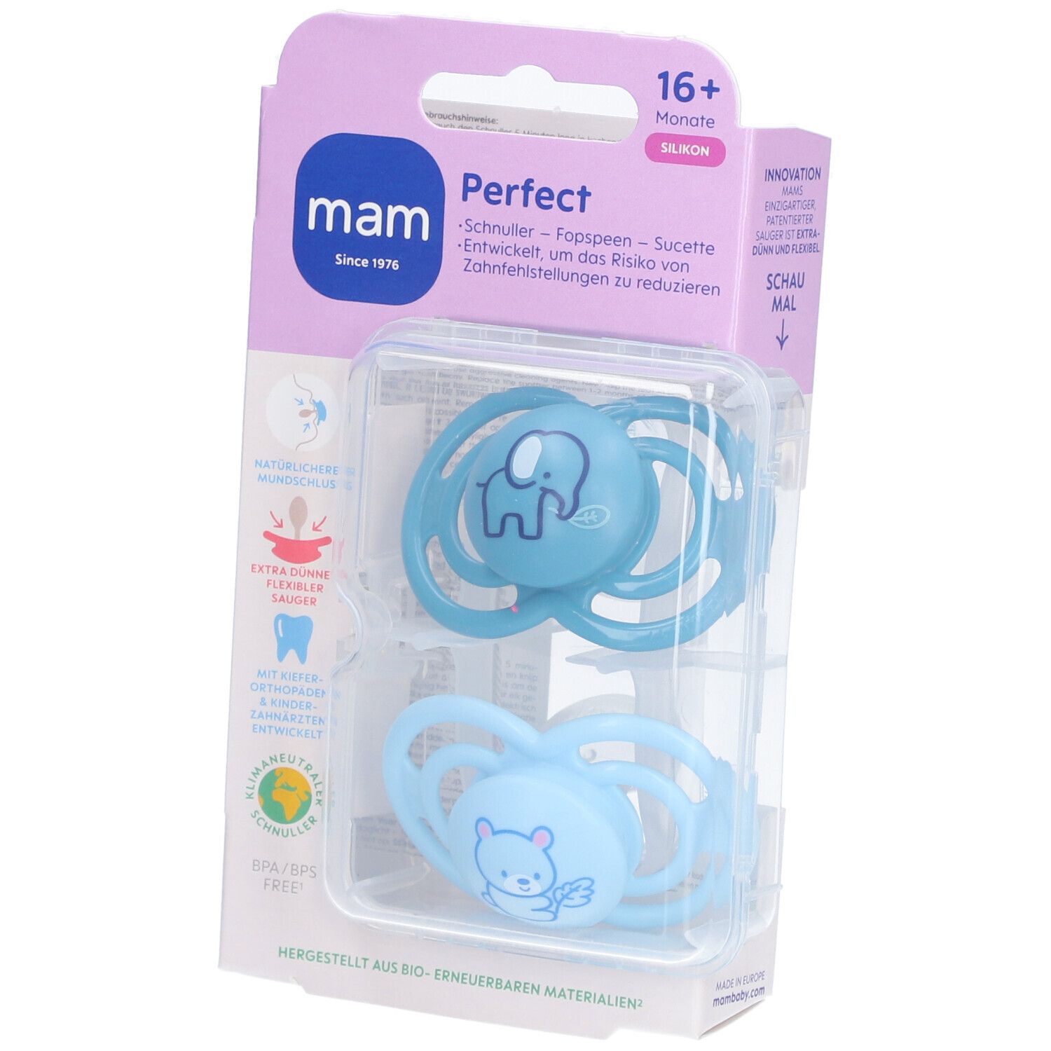 MAM Perfect Fopspeen Silicone Blue 16m+ 2 St Schnuller