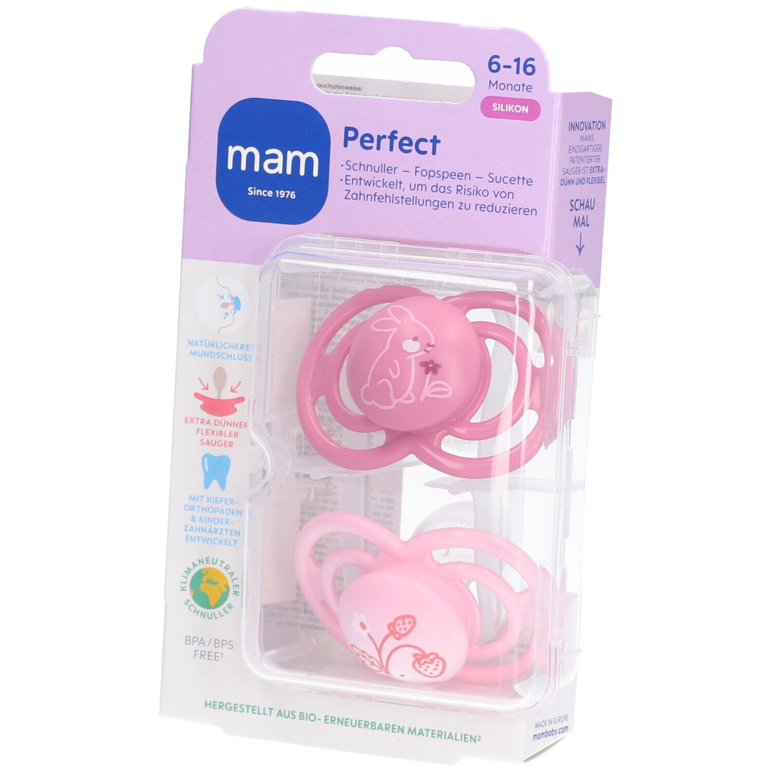 MAM Perfect Fopspeen Silicone Pink 6-16 2 St Schnuller