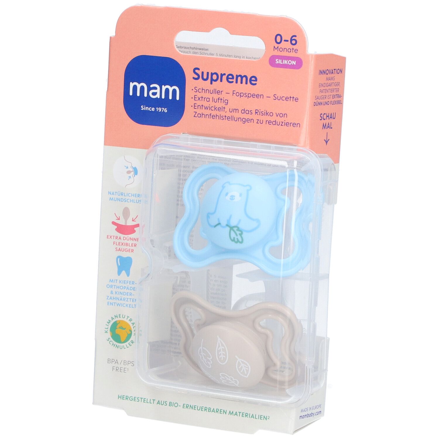 MAM Supreme Fopspeen Silicone Blue 0-6 2 St Schnuller