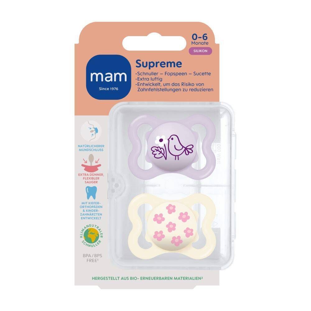 MAM Supreme Silikonschnuller 0-6 Monate, lila/creme