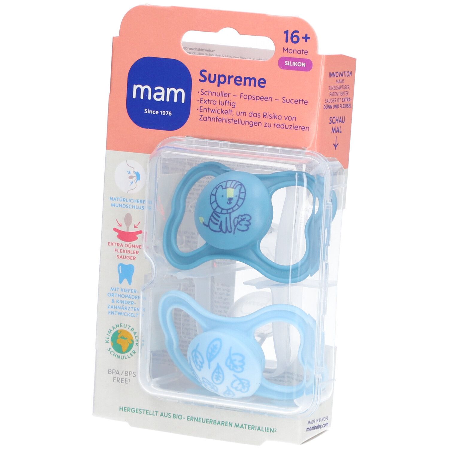 MAM Supreme Fopspeen Silicone Blue 16m+ 2 St Schnuller