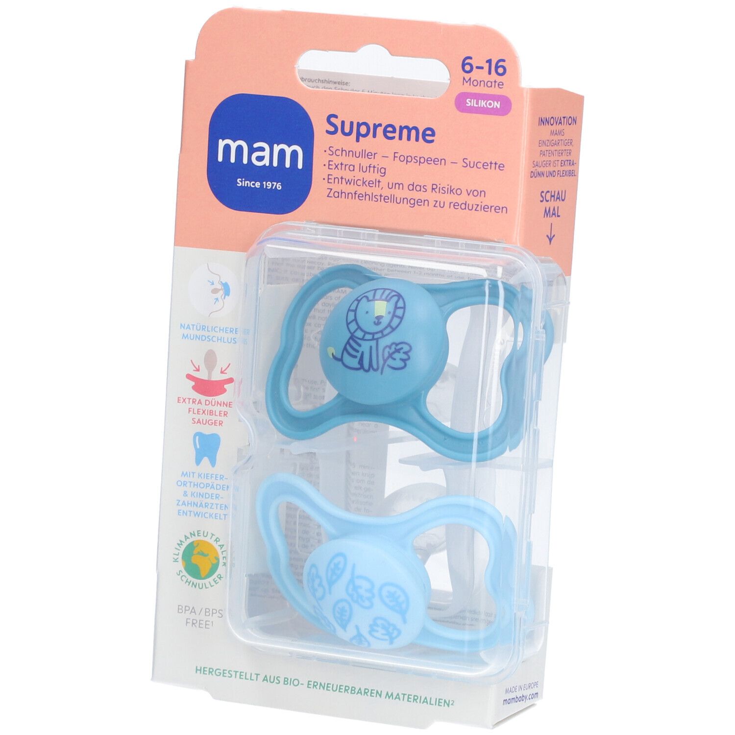 MAM Supreme Fopspeen Silicone Blue 6-16 2 St Schnuller