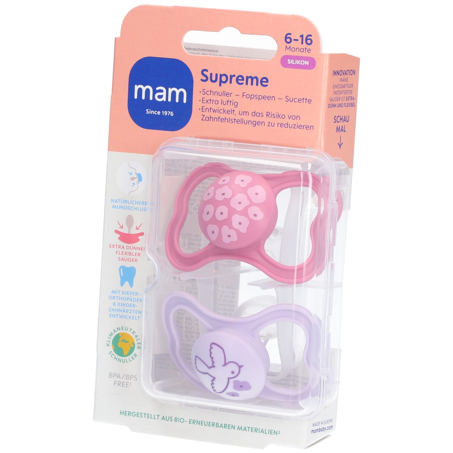 MAM Supreme Fopspeen Silicone Pink 6-16 2 St Schnuller