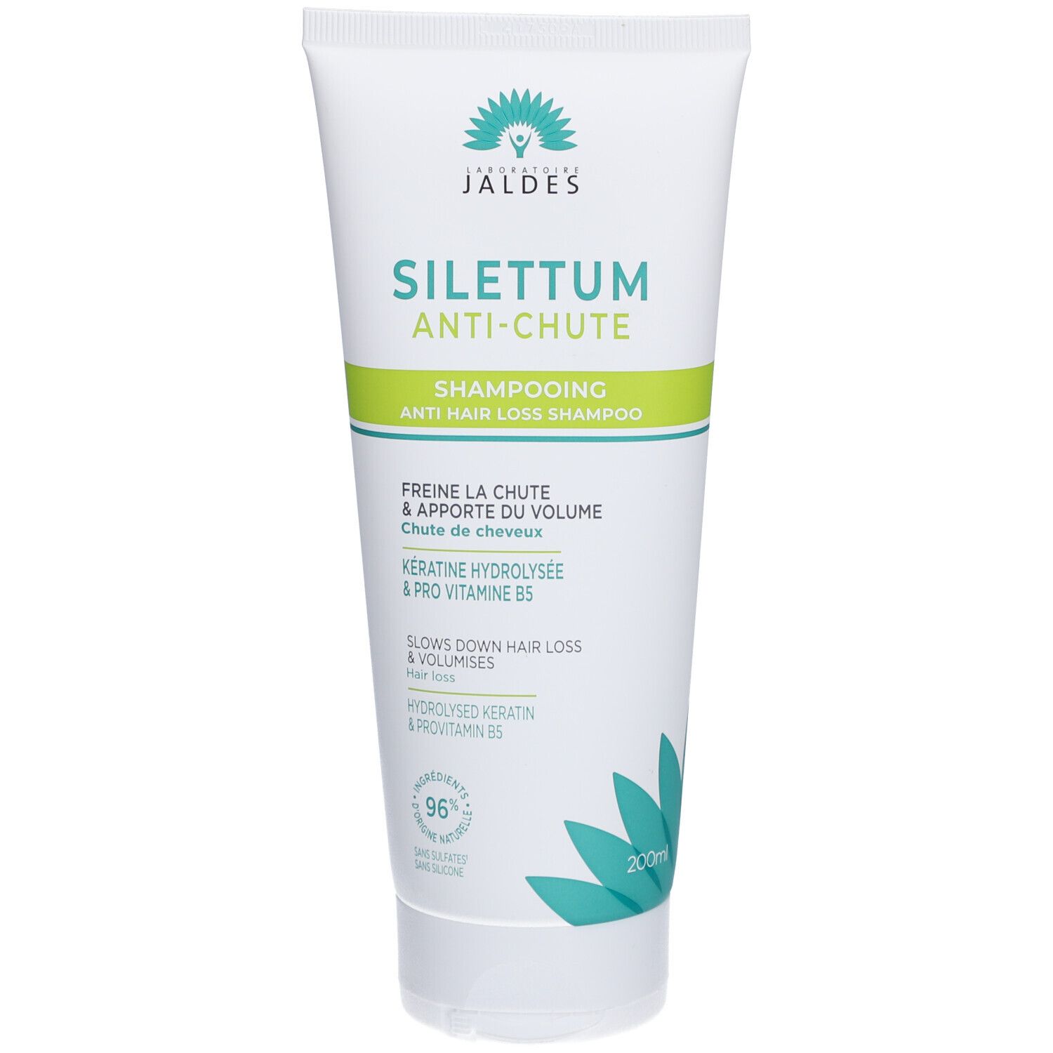 Weiß-grüne Tube. Text: Silettum Anti-Chute Shampooing. Enthält hydrolysiertes Keratin und Provitamin B5. 96% natürliche Inhaltsstoffe.