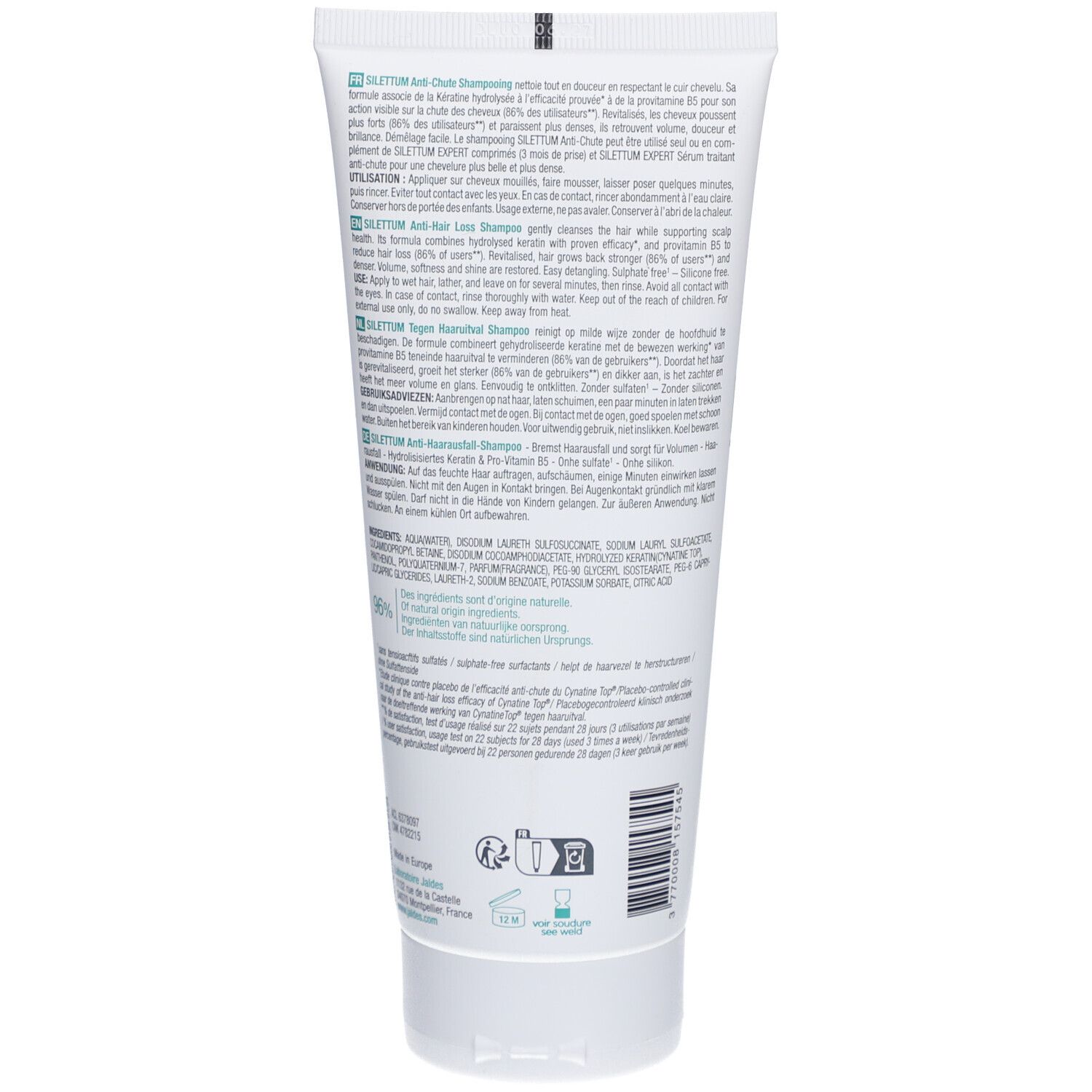 Rückseite einer weißen Tube. Text: Silettum Anti-Chute Shampooing. Inhaltsstoffe und Anwendungshinweise in mehreren Sprachen.