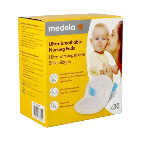 Verpakking Medela borstvoedingspads. Ultra-ademend. Afbeelding: moeder kust baby. 30 stuks.