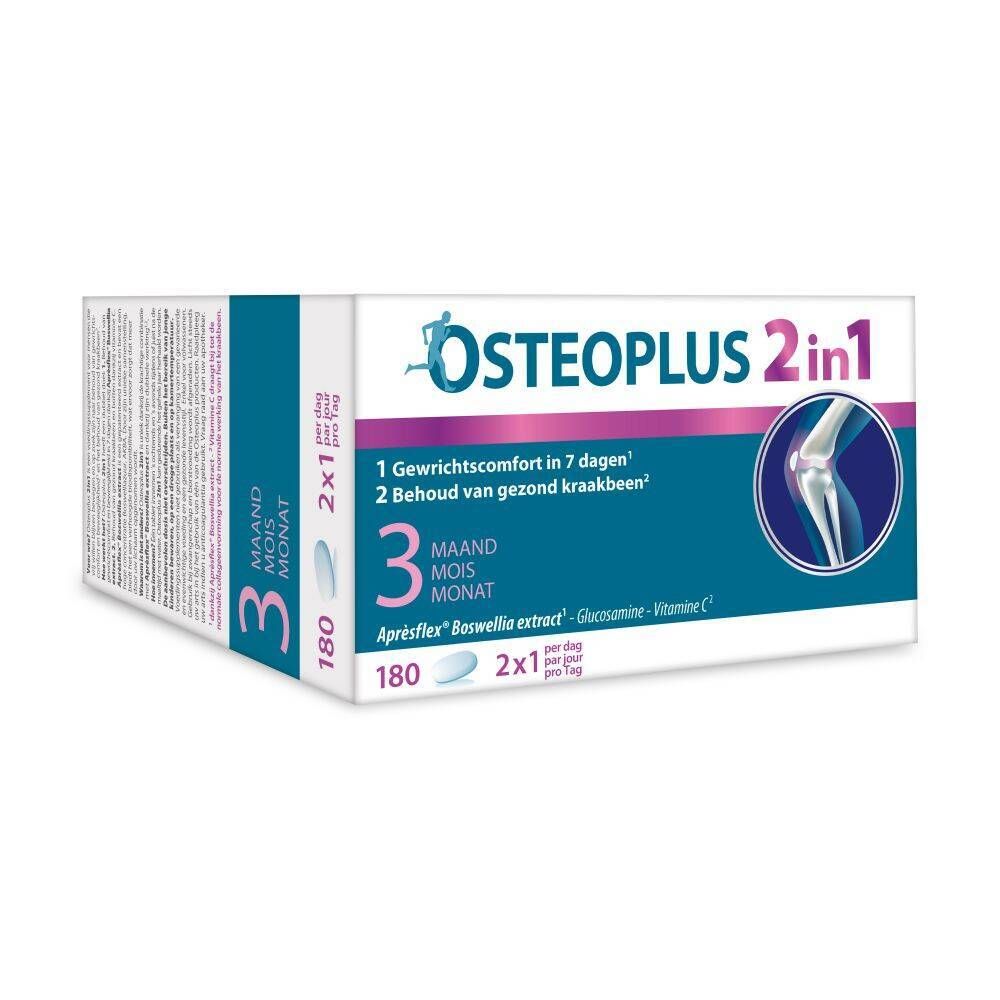 Osteoplus 2 in 1-verpakking. Witte doos met blauwe en paarse tekst. Bevat 180 tabletten. Opschrift: 3 maanden.