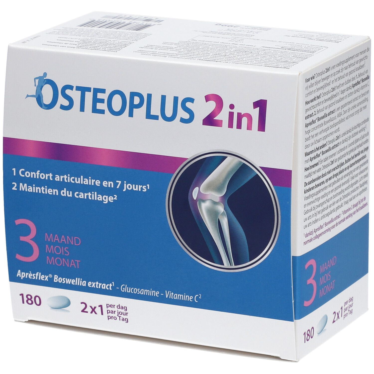 Osteoplus 2 in 1-verpakking. Witte doos met blauwe en paarse tekst. Bevat 180 tabletten. Opschrift: 3 maanden.