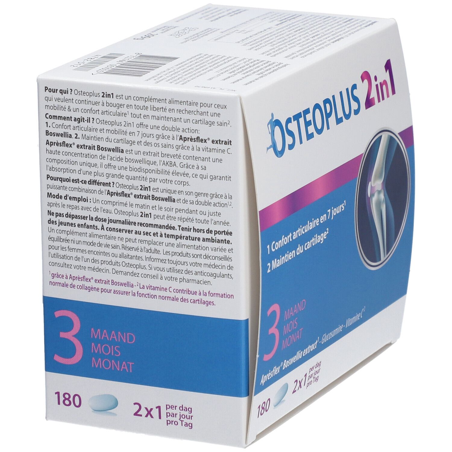 Osteoplus 2 in 1-verpakking. Witte doos met blauwe en paarse tekst. Bevat 180 tabletten. Opschrift: 3 maanden.