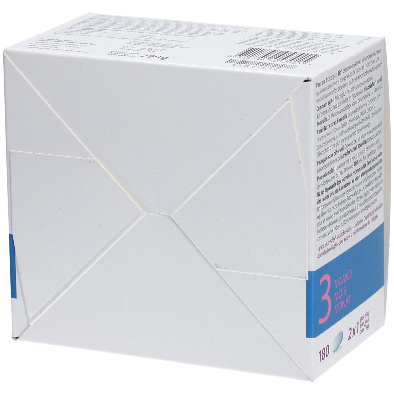 Osteoplus 2 in 1-verpakking. Witte doos met blauwe en paarse tekst. Bevat 180 tabletten. Opschrift: 3 maanden.