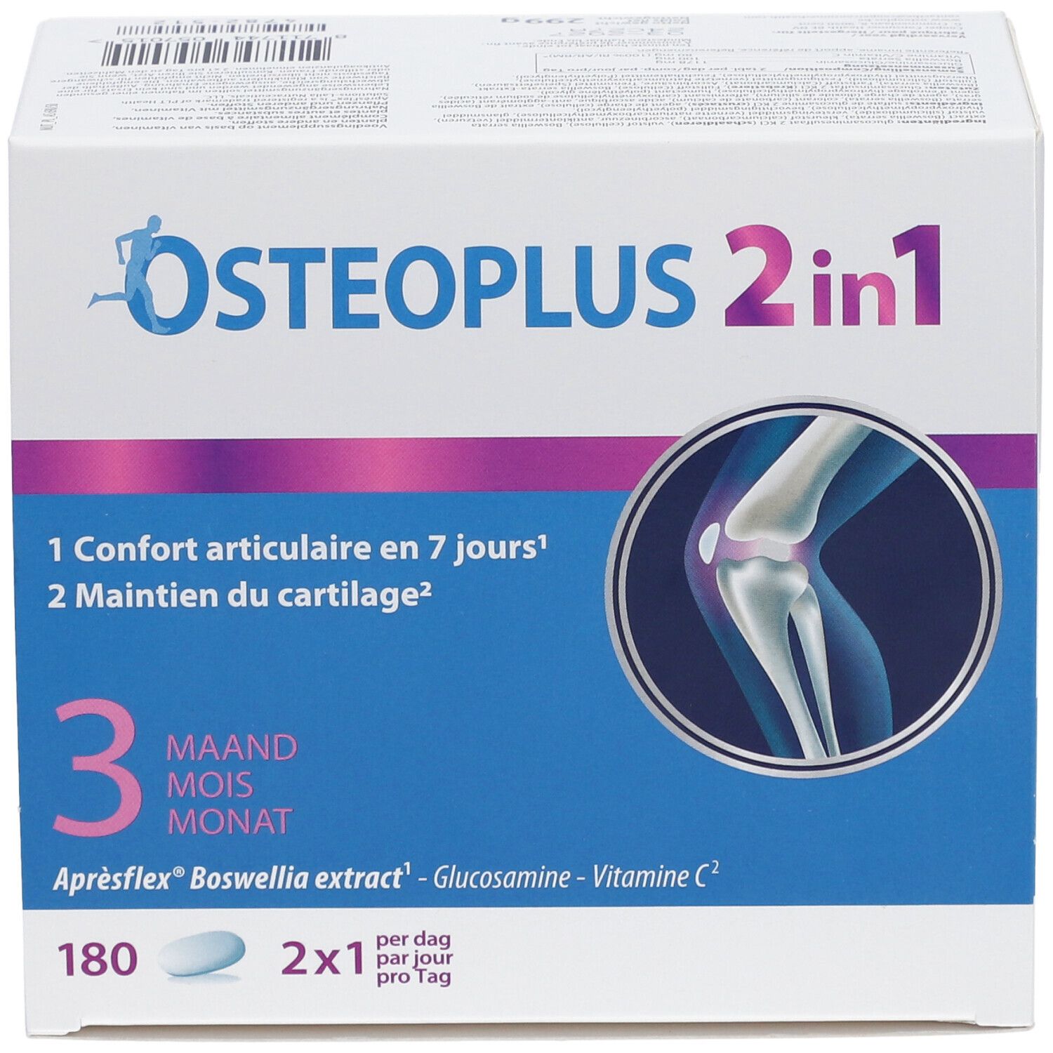 Osteoplus 2 in 1-verpakking. Witte doos met blauwe en paarse tekst. Bevat 180 tabletten. Opschrift: 3 maanden.