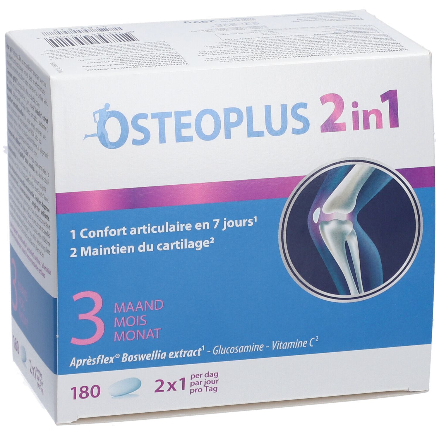 Osteoplus 2 in 1-verpakking. Witte doos met blauwe en paarse tekst. Bevat 180 tabletten. Opschrift: 3 maanden.