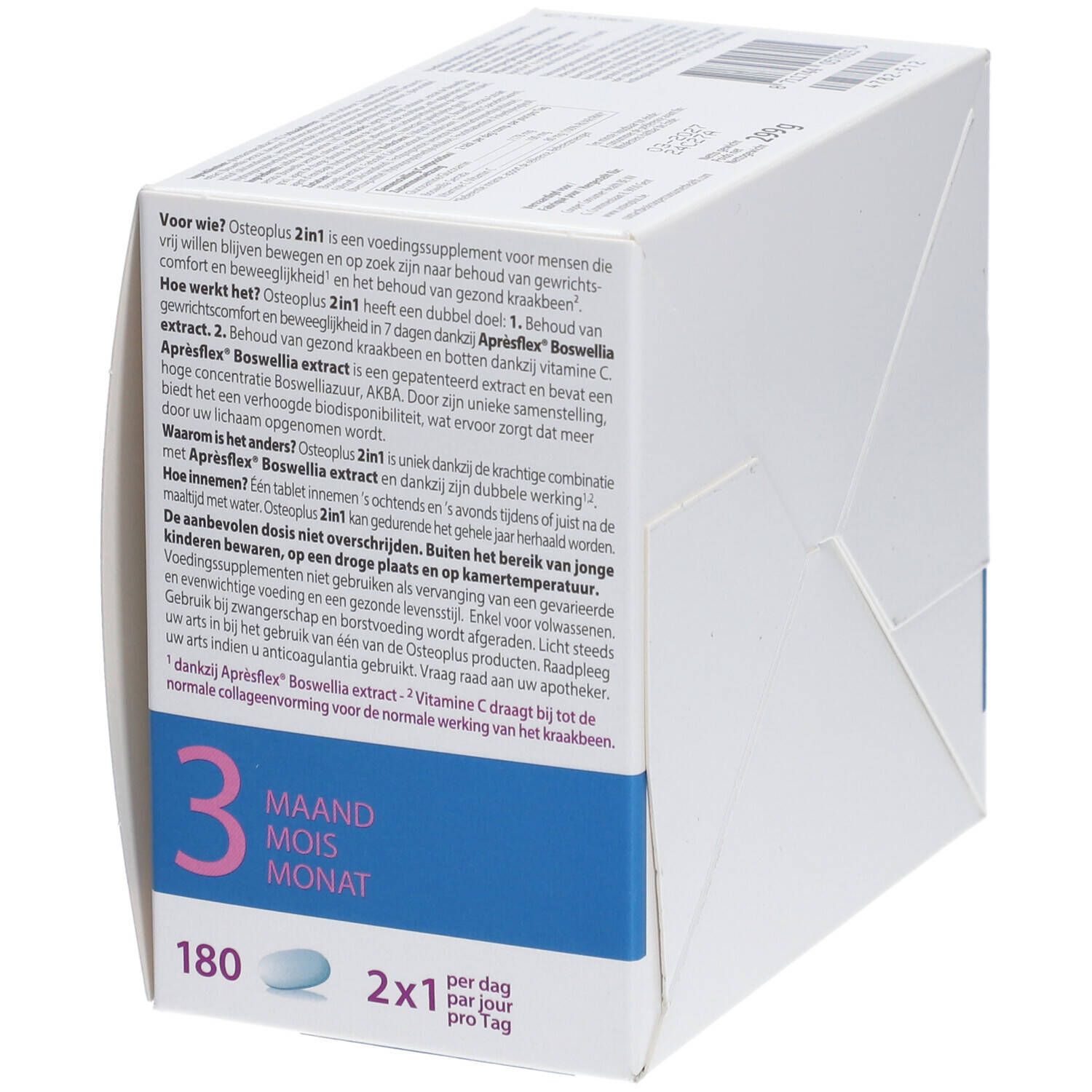 Osteoplus 2 in 1-verpakking. Witte doos met blauwe en paarse tekst. Bevat 180 tabletten. Opschrift: 3 maanden.