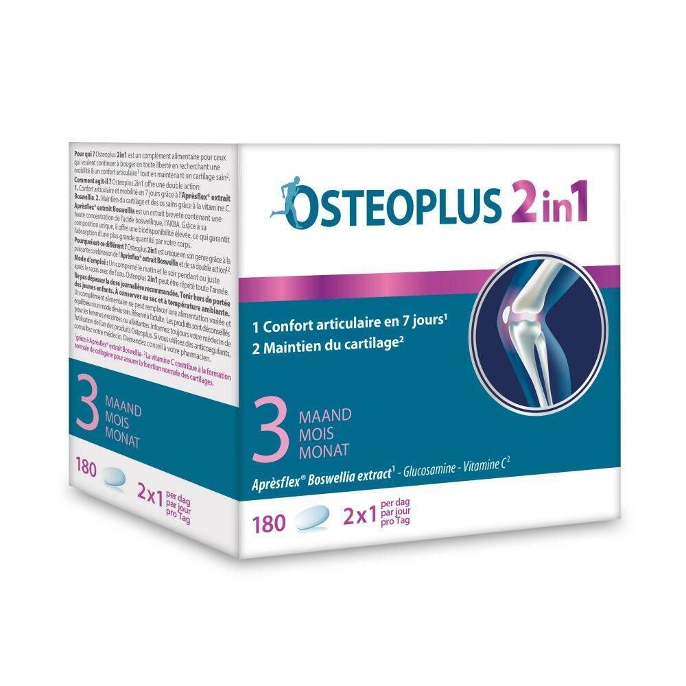 Osteoplus 2 in 1-verpakking. Witte doos met blauwe en paarse tekst. Bevat 180 tabletten. Opschrift: 3 maanden.