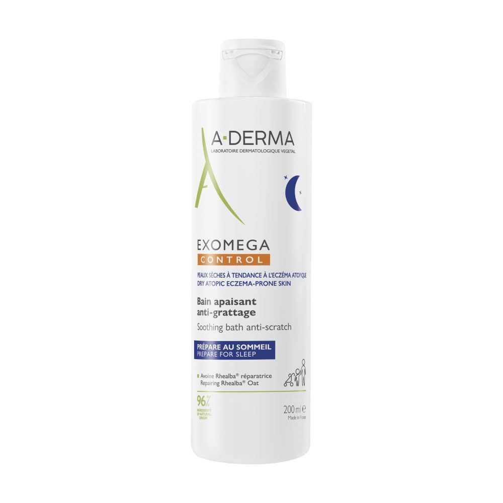 A-Derma EXOMEGA CONTROL bad. Witte fles met groen logo en tekst. Voor de droge huid.