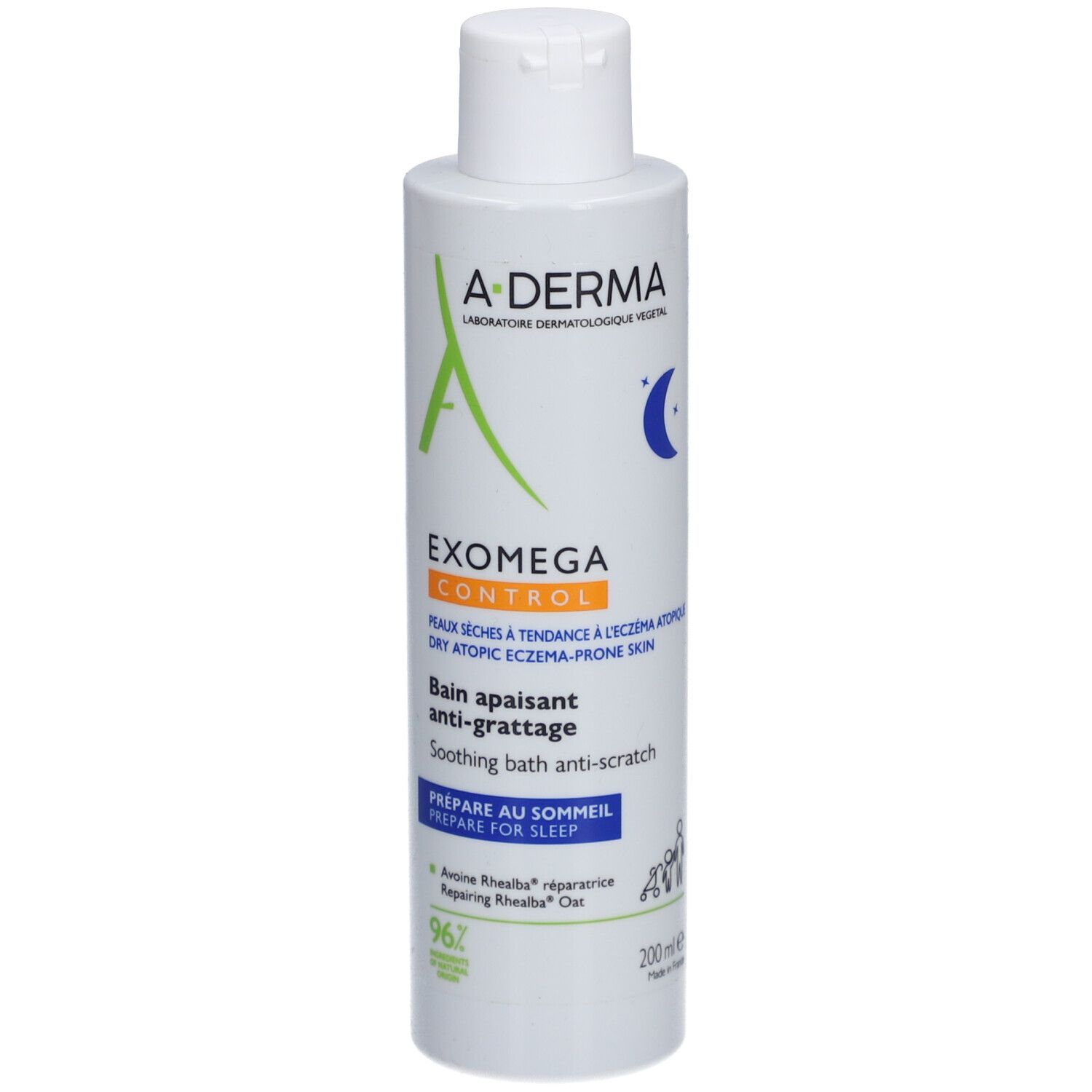 A-Derma EXOMEGA CONTROL bad. Witte fles met groen logo en tekst. Voor de droge huid.