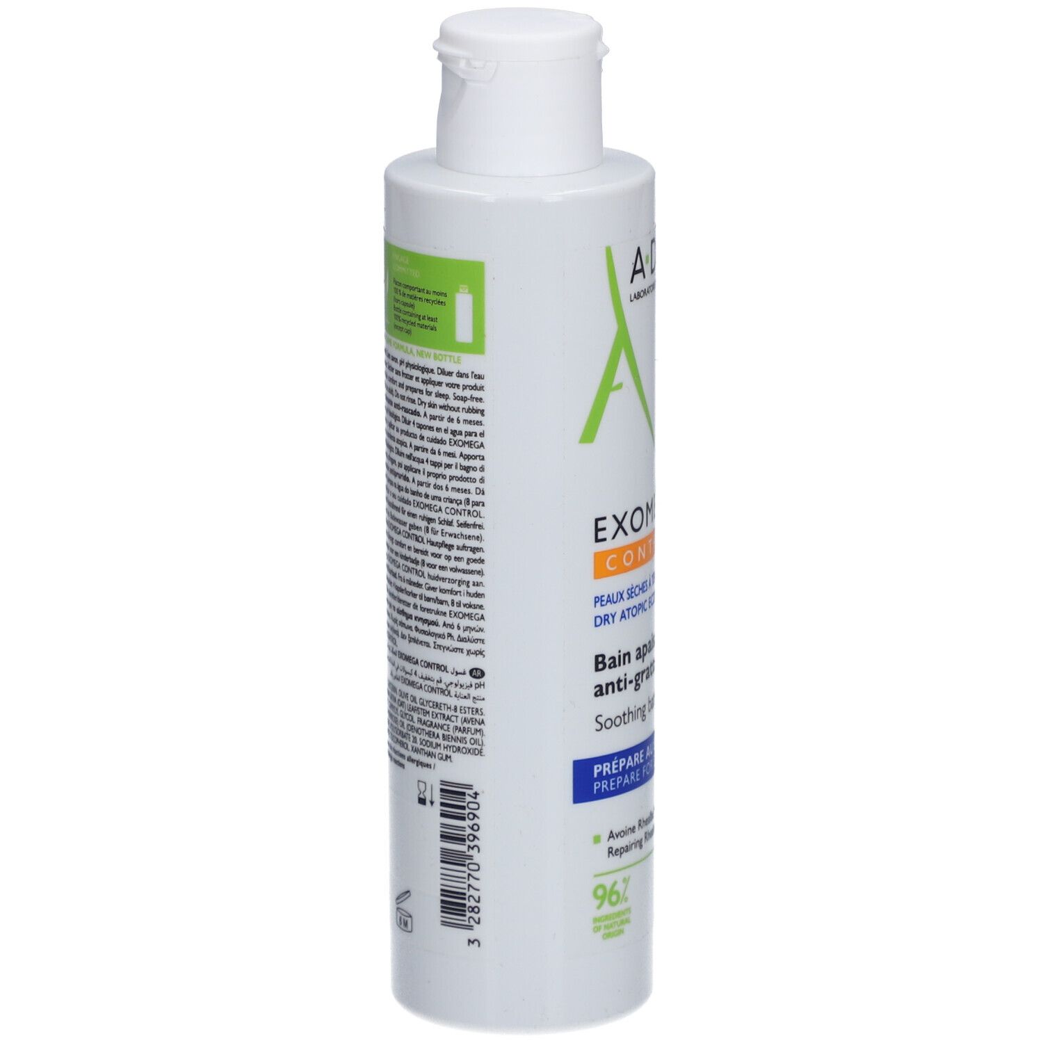 A-Derma EXOMEGA CONTROL bad. Achterkant fles met tekst. Voor de droge, eczeemgevoelige huid.