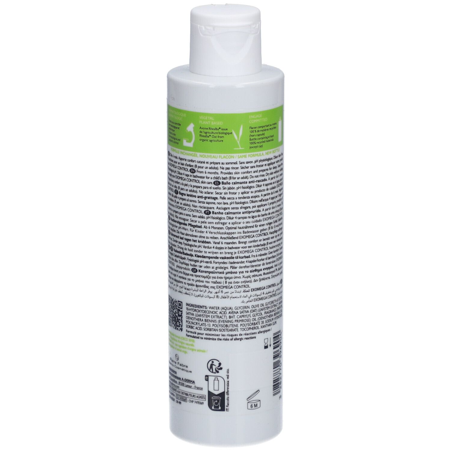 A-Derma EXOMEGA CONTROL bad. Achterkant fles met ingrediënten en tekst. Voor de droge huid.