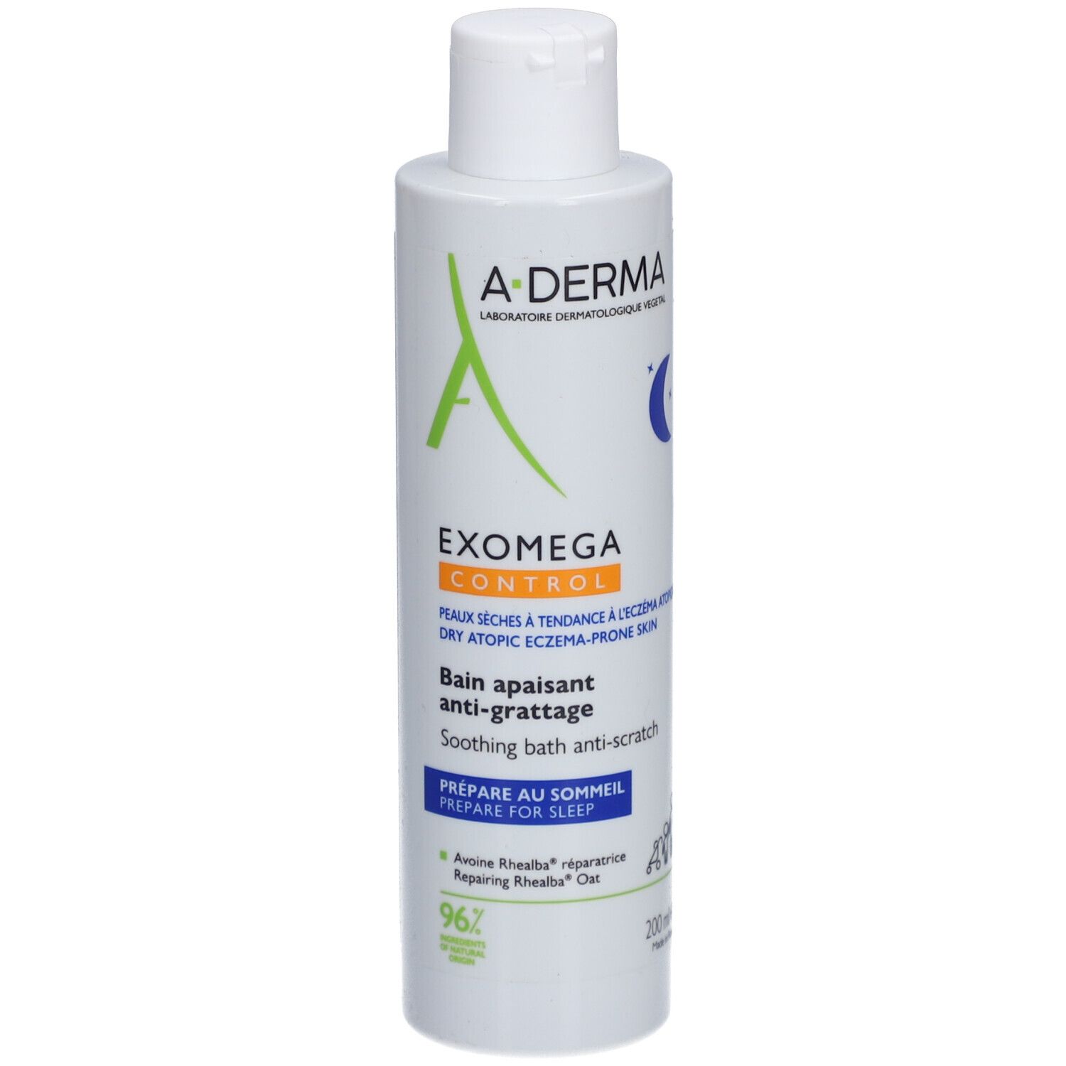 A-Derma EXOMEGA CONTROL bad. Witte fles met groen logo en tekst. Voor de droge huid.