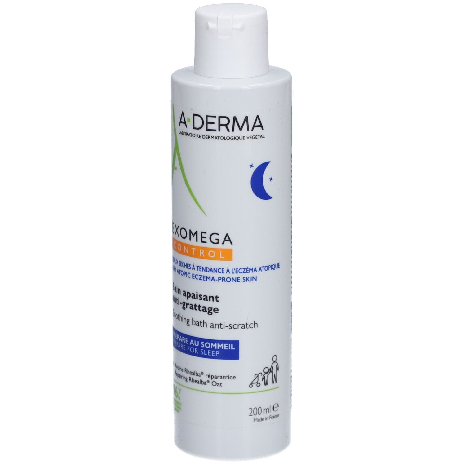 A-Derma EXOMEGA CONTROL bad. Witte fles met groen logo en tekst. Voor de droge huid.