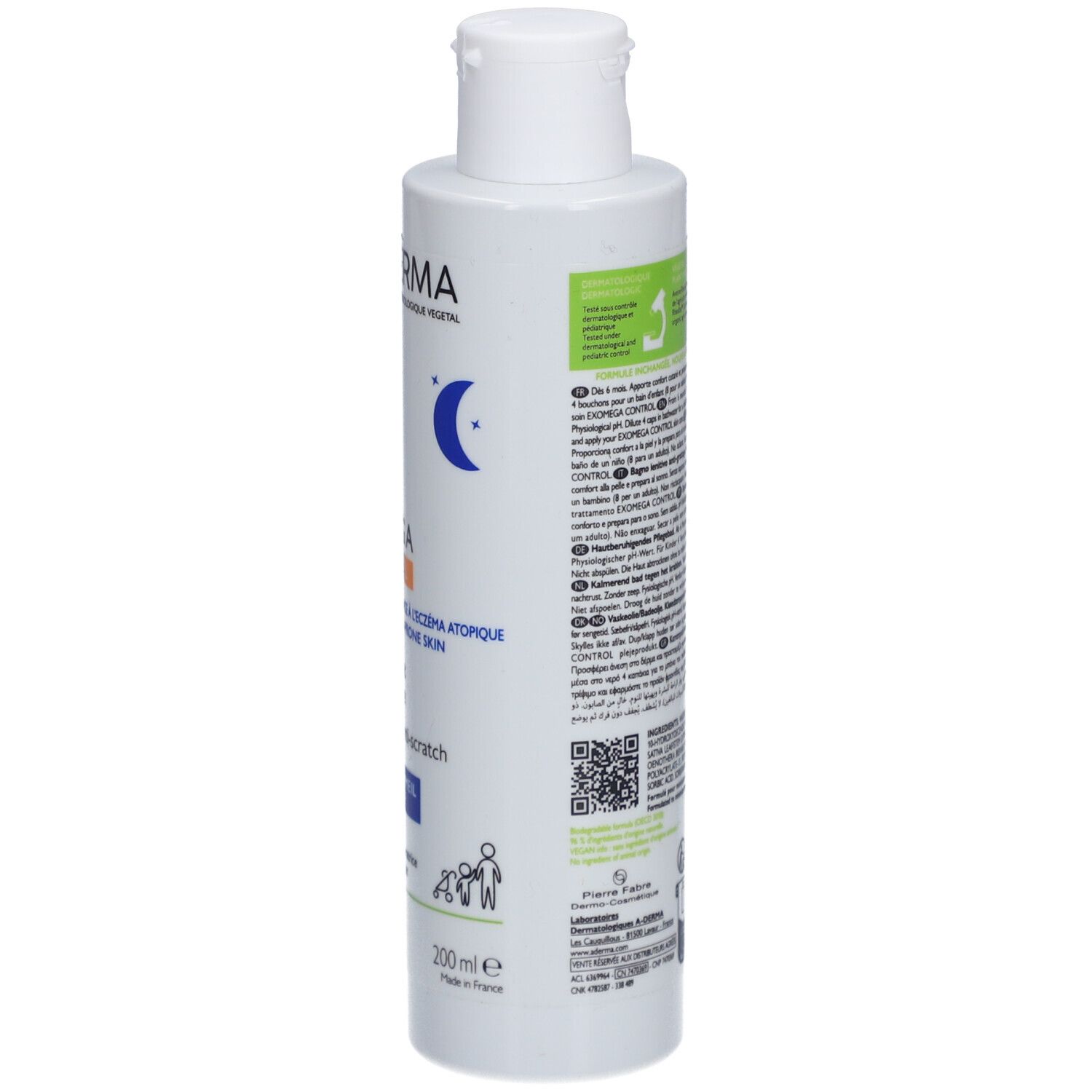 A-Derma EXOMEGA CONTROL bad. Achterkant fles met tekst. Voor de droge, eczeemgevoelige huid.