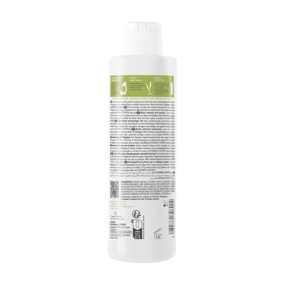 Achterkant A-Derma EXOMEGA CONTROL fles. Tekst en ingrediënten. Voor de droge huid.