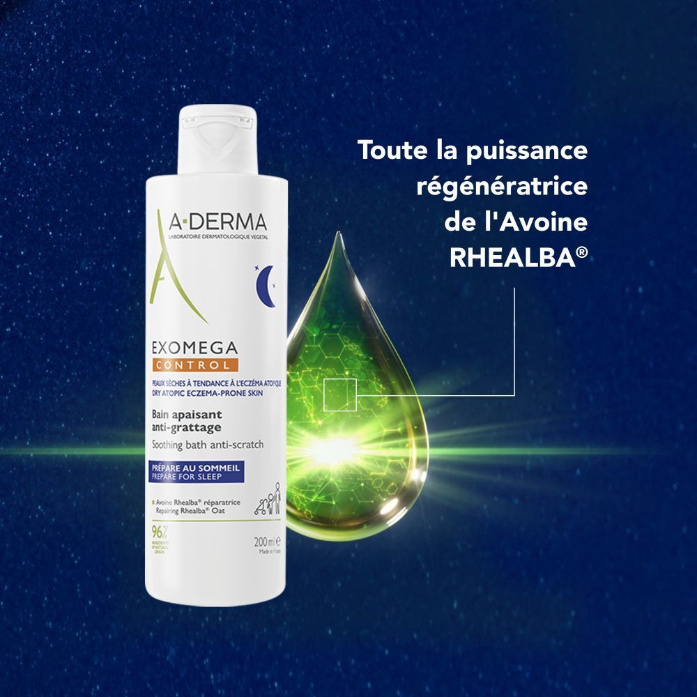 A-Derma EXOMEGA CONTROL. Visuel produit avec goutte. Texte sur Avoine Rhealba.