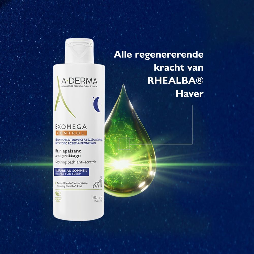 A-Derma EXOMEGA CONTROL. Productafbeelding met druppel. Tekst over Avoine Rhealba.