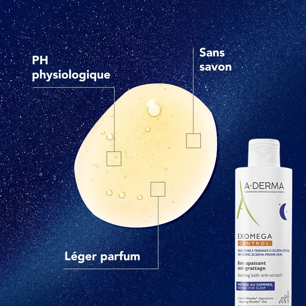 A-Derma EXOMEGA CONTROL. Visuel produit avec goutte. Texte: pH physiologique, sans savon, parfum léger.