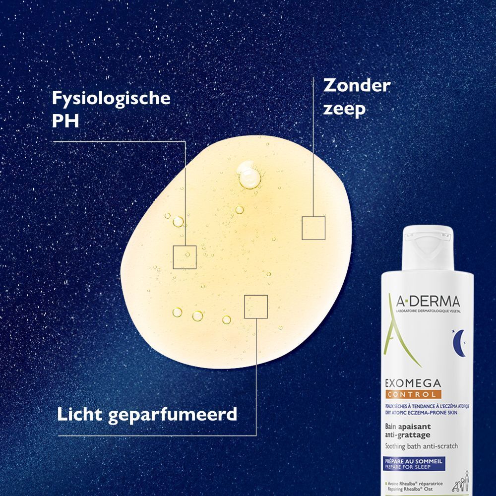 A-Derma EXOMEGA CONTROL. Productafbeelding met druppel. Tekst: fysiologische pH, zonder zeep, lichte geur.