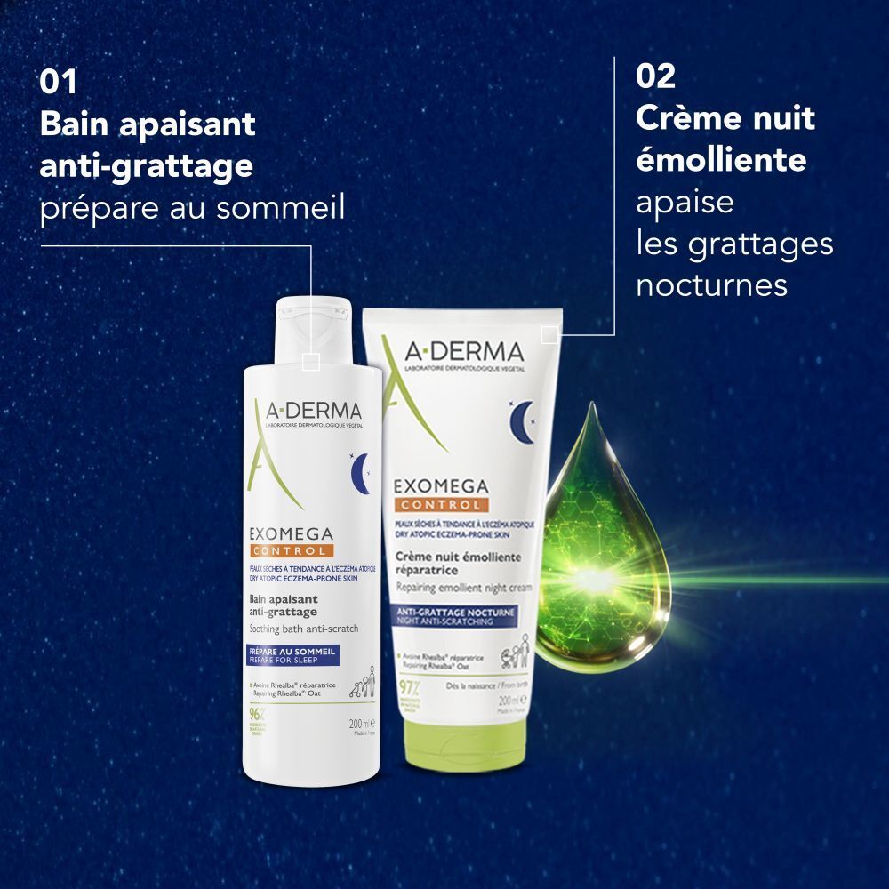 A-Derma EXOMEGA CONTROL bain et crème. Texte: Bain apaisant anti-grattage et Crème nuit émolliente.