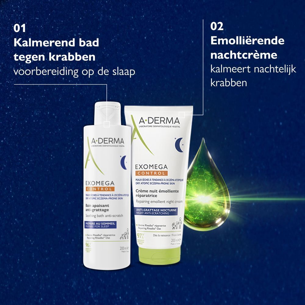 A-Derma EXOMEGA CONTROL bad en crème. Tekst: Kalmerend bad tegen krabben en Emollierende nachtcrème.