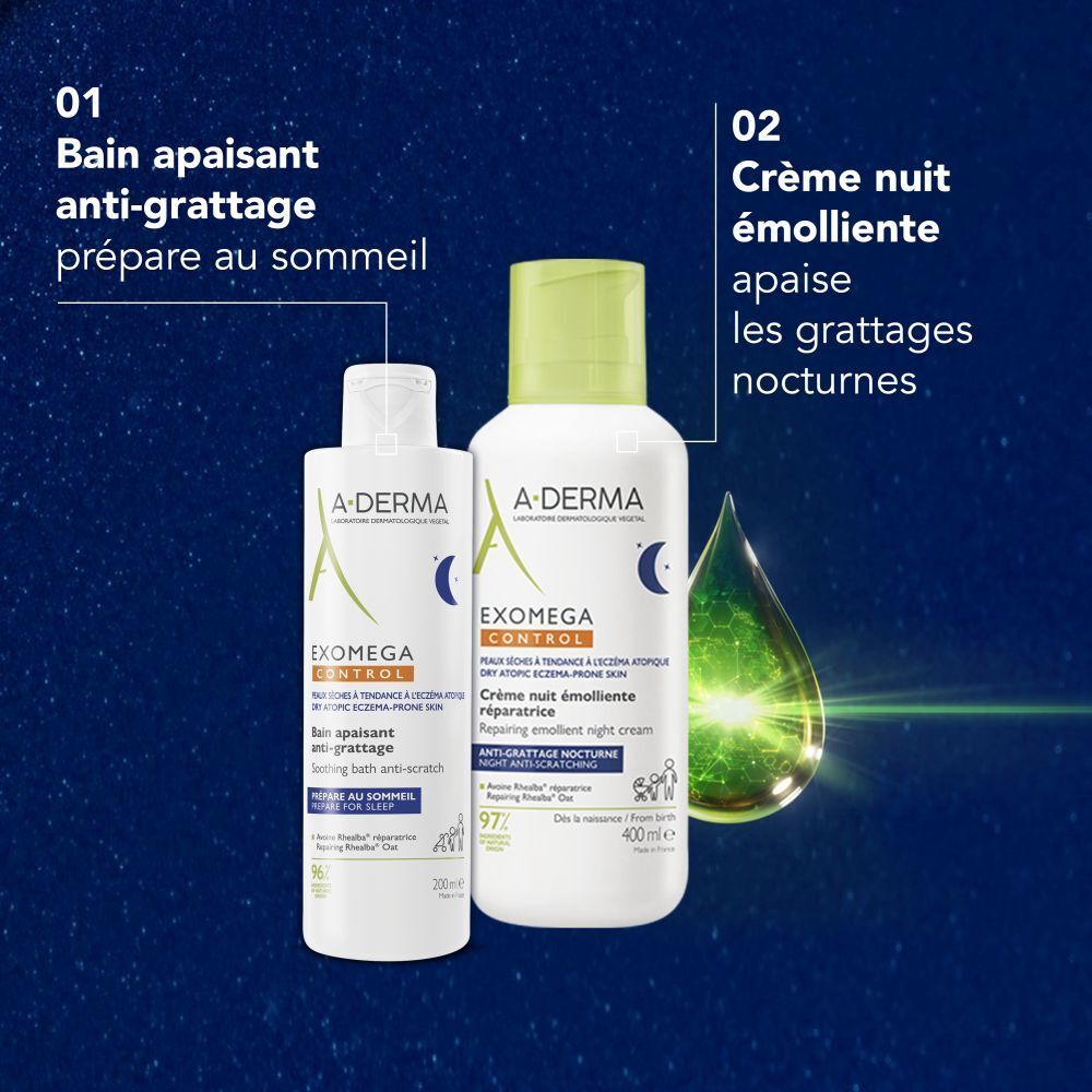 A-Derma EXOMEGA CONTROL bain et crème. Texte: Bain apaisant anti-grattage et Crème nuit émolliente.