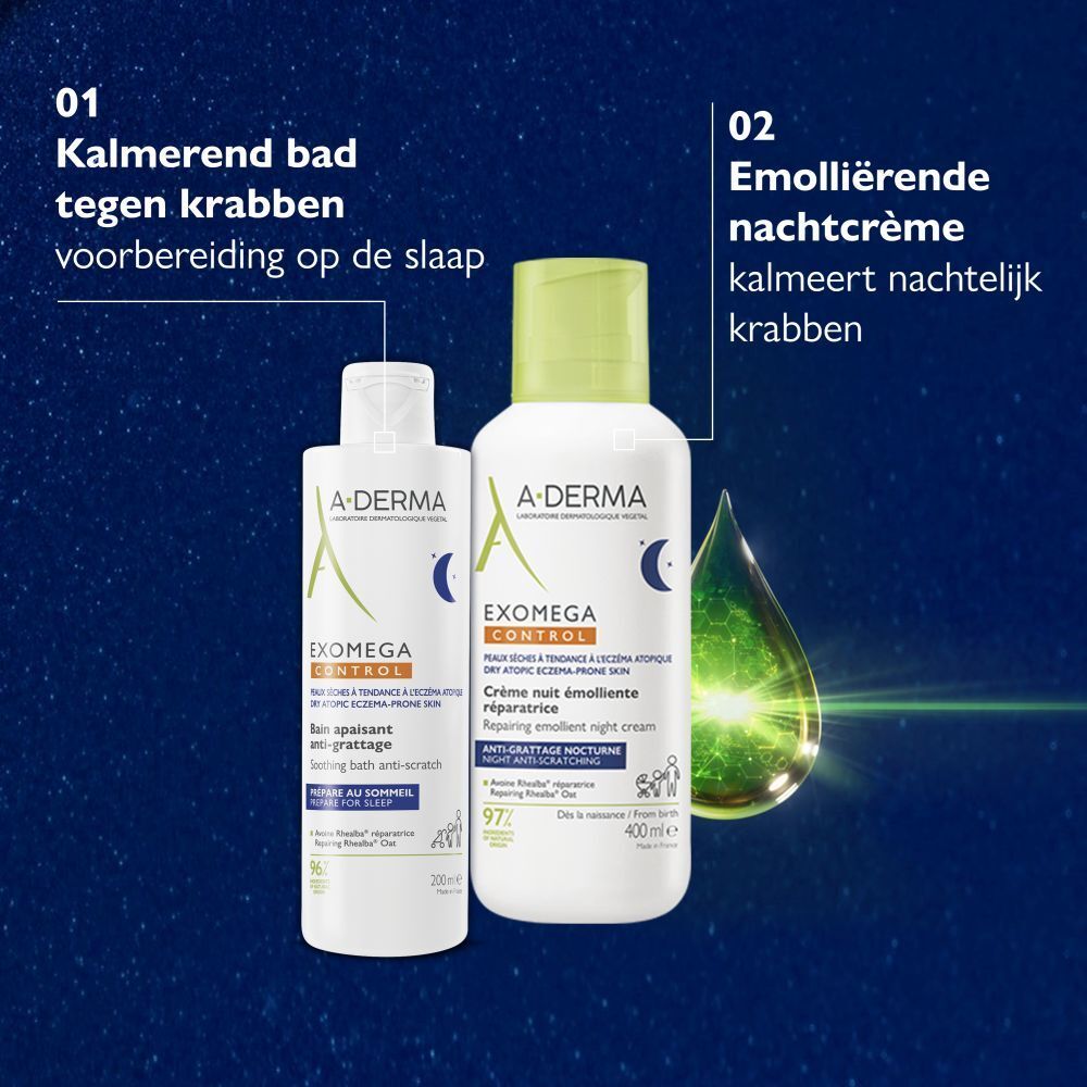 A-Derma EXOMEGA CONTROL bad en crème. Tekst: Kalmerend bad tegen krabben en Emollierende nachtcrème.