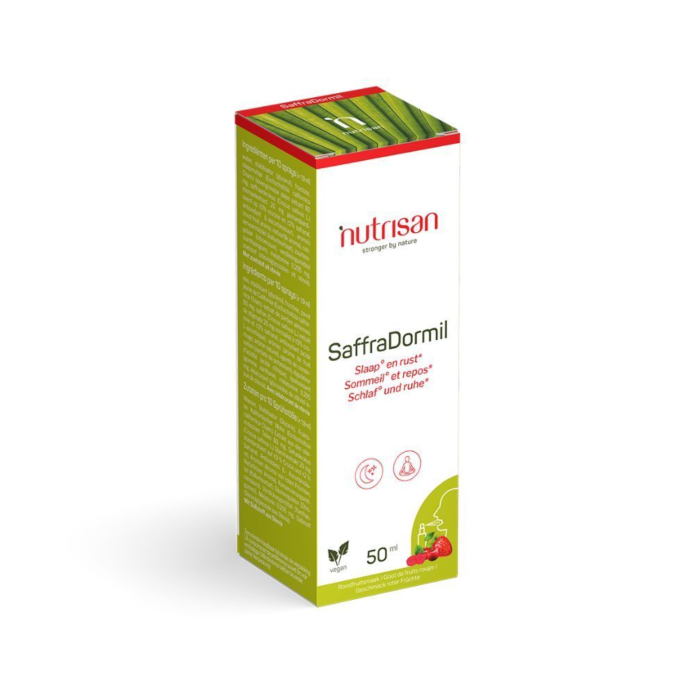Boîte blanche Nutrisan SaffraDormil, 50 ml, vegan. Design vert et rouge. Inscriptions en plusieurs langues.