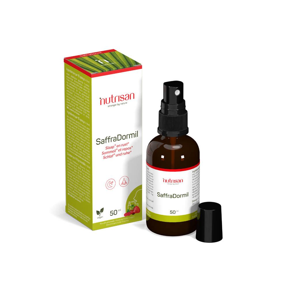 Flacon en verre brun avec spray et Nutrisan SaffraDormil. 50 ml. Emballage blanc à côté.